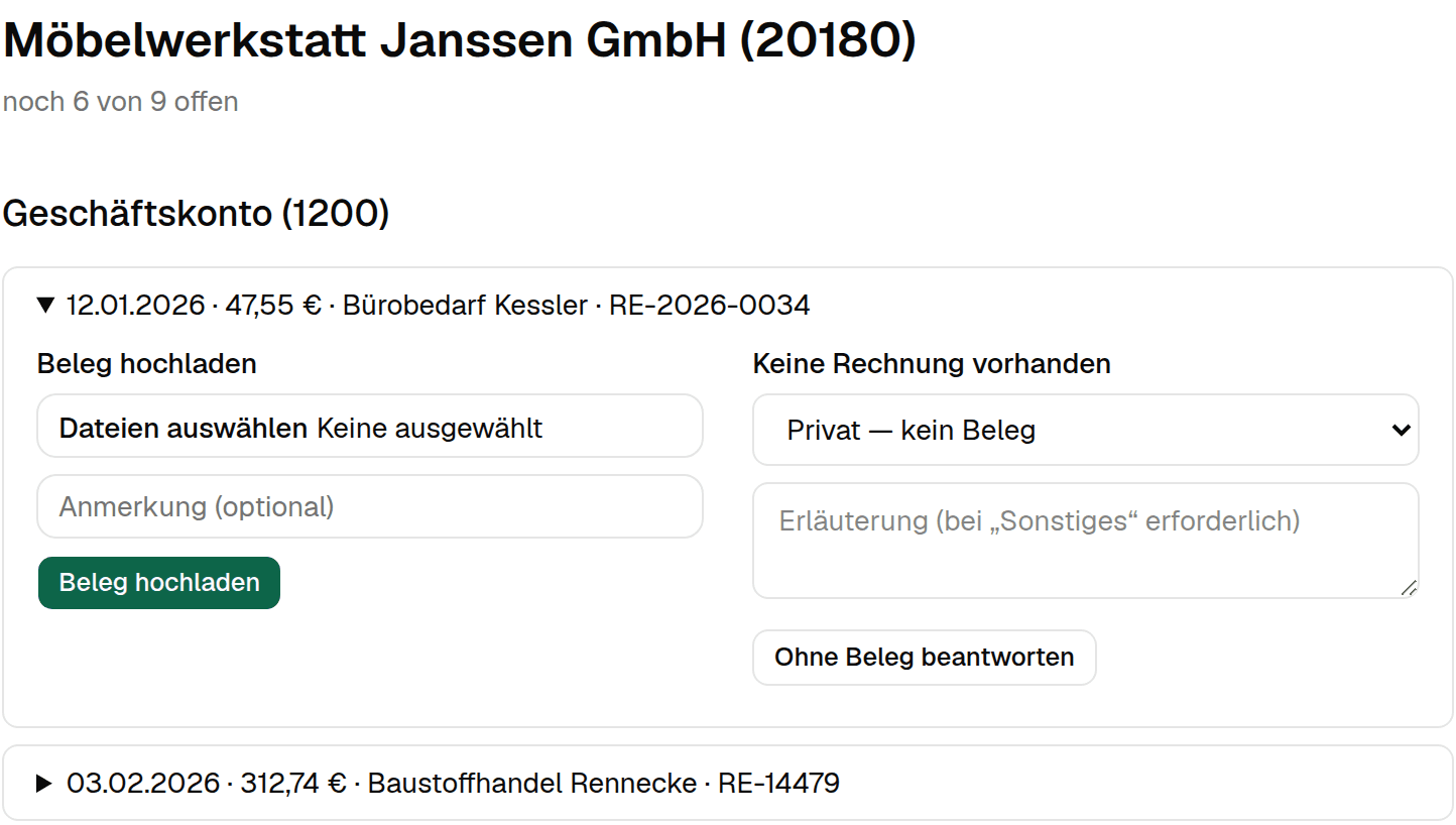 Das Mandanten-Portal: ein offener Posten, aufgeklappt zum Beleg-Upload
