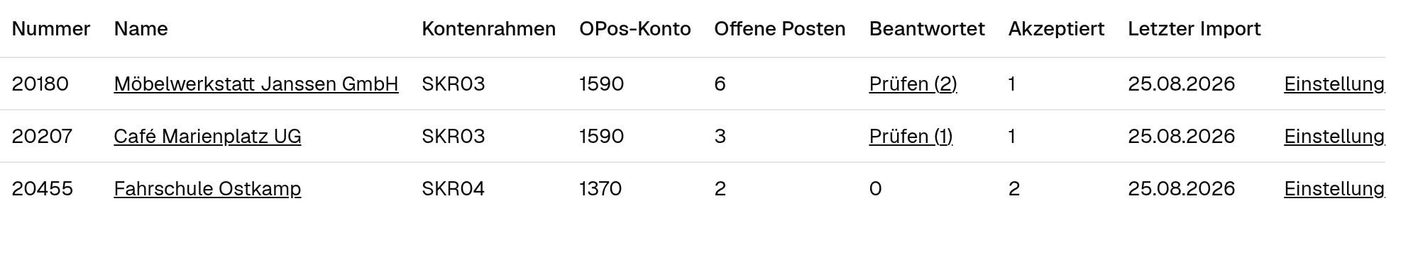 Mandantenübersicht mit offenen, beantworteten und akzeptierten Posten
